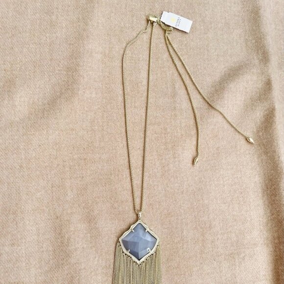NWT Kendra Scott Kingston Adjustable Fringe Necklace - Light Gold Tone & Blue - Picture 5 of 8